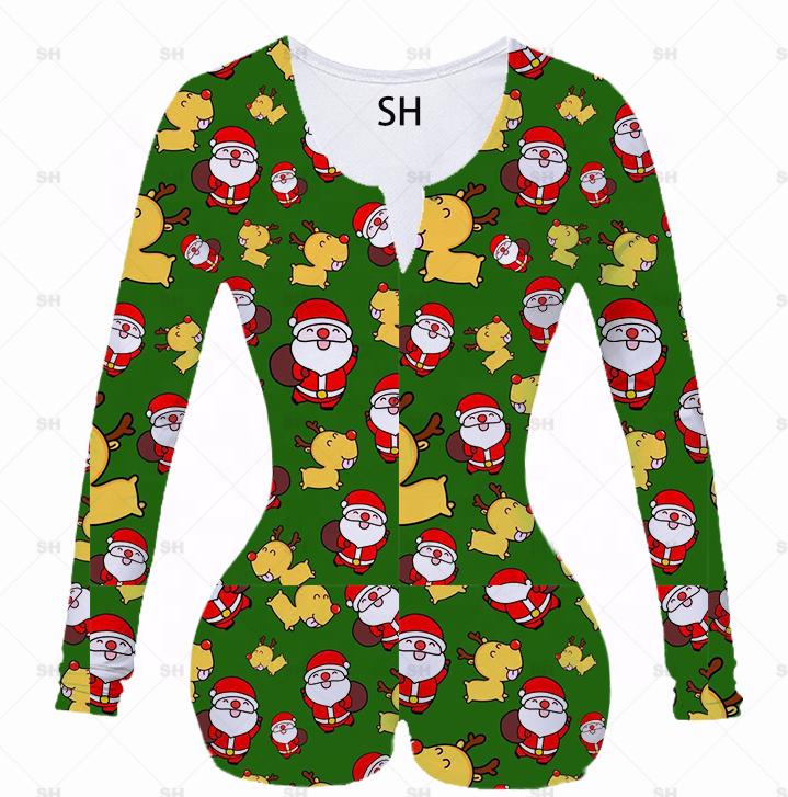 Wholesale christmas custom Bodycon Stretchy Onesie Shorts Rompers Adult Onesie Pajamas For Women