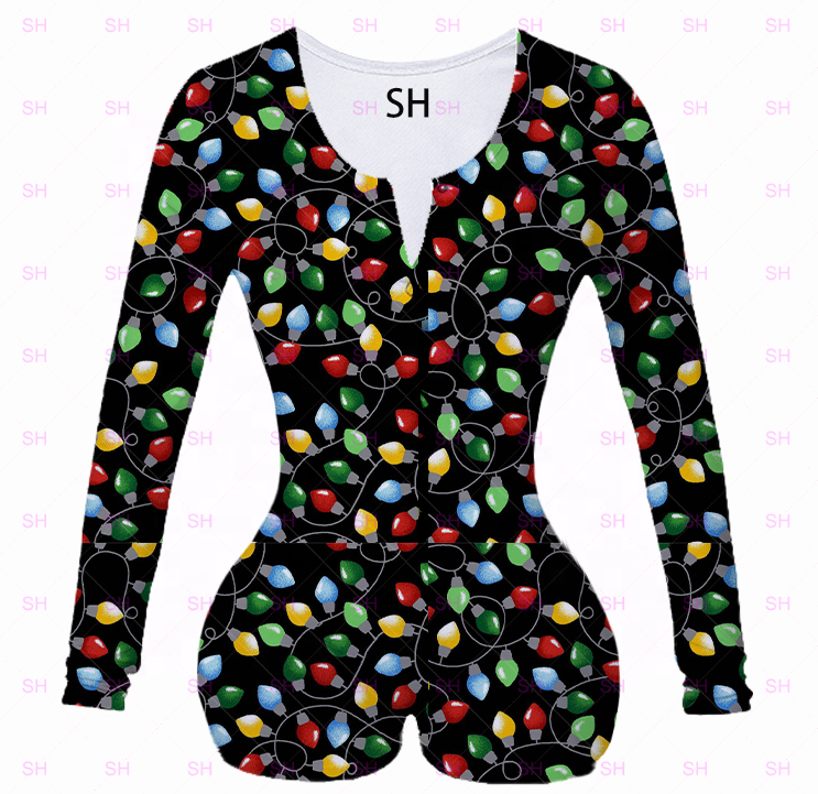 Wholesale christmas custom Bodycon Stretchy Onesie Shorts Rompers Adult Onesie Pajamas For Women