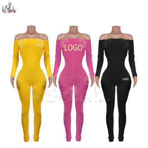 Rhinestone LOGO Outfits Women Long Sleeve Bodycon Jumpsuit Rompers One Piece Plain Off Shoulder Velvet Jumpsuit