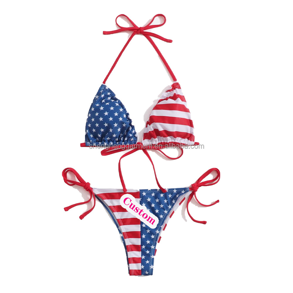 Custom American Flag Print Halter Bikini 2 Piece Swim Suit