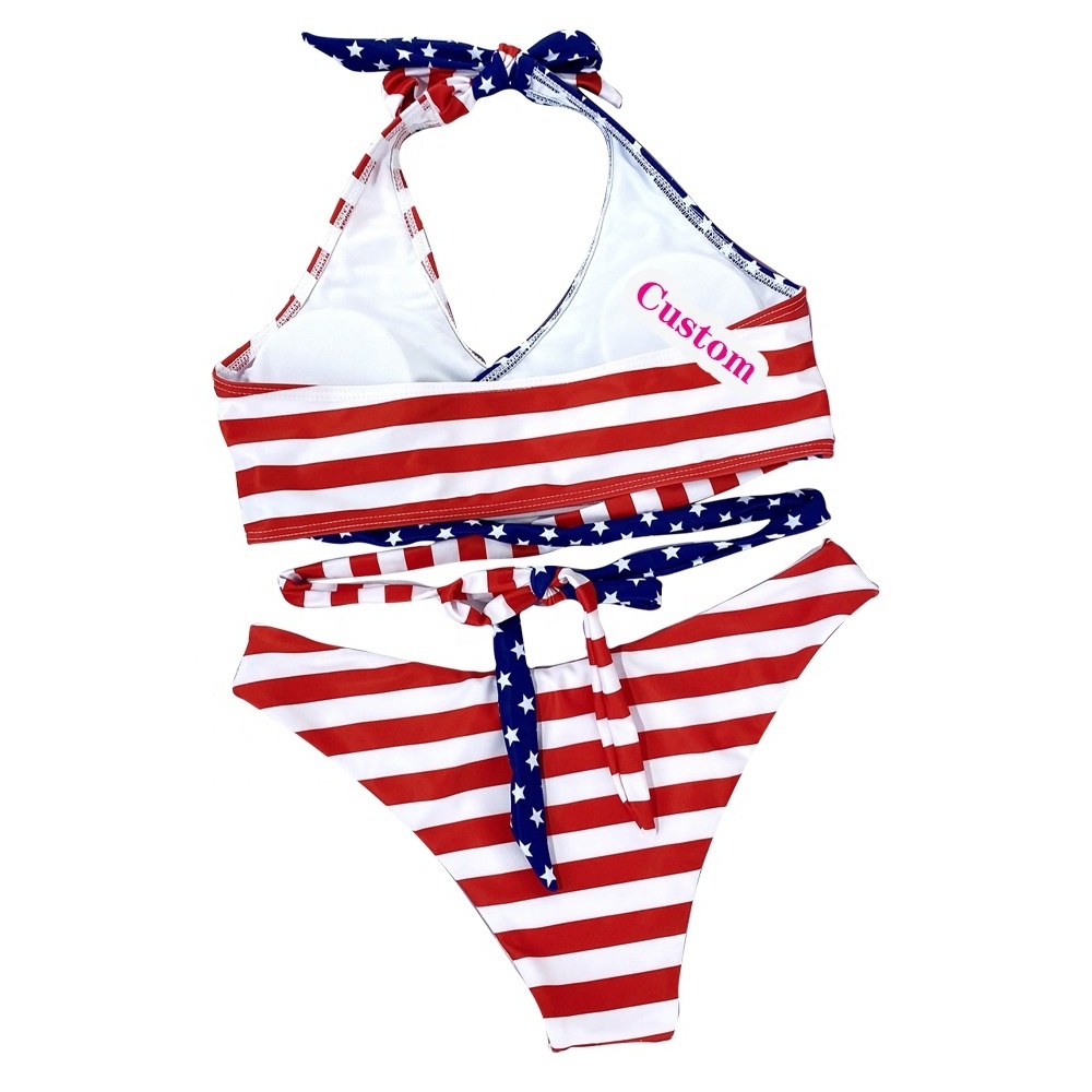 Custom American Flag Print Halter Bikini 2 Piece Swim Suit