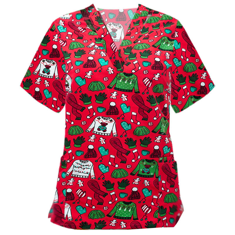 Nurse Uniforms Women's Printed Holiday Christmas Tops Spandex Stretch Scrub