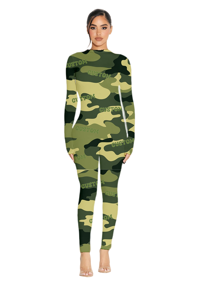 2023 Custom Camouflage Logo Fashion Women Outwork rompers Sexy  Casual Bodycon Long Sleeve  Sleeveless Jumpsuit