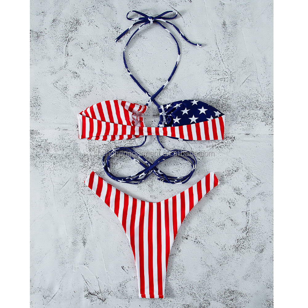 Custom Multicolor Striped Sexy American Flag Print Bikini Swimsuit Ladies