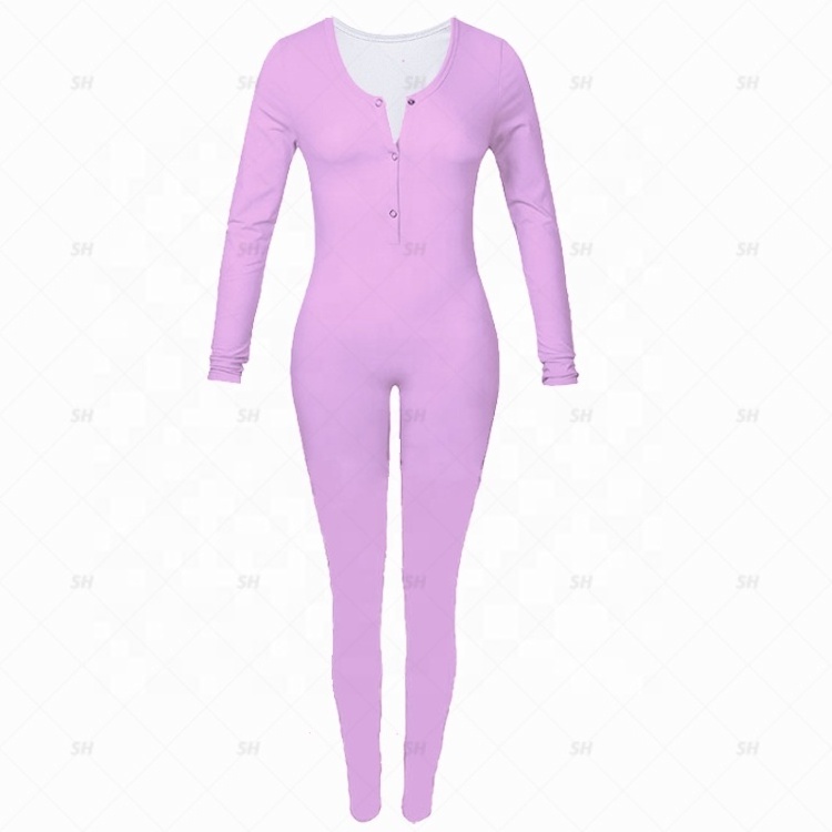 2021 wholesale women pajamas custom onesie winter long pants onesie with butt flap fall onesie vendor