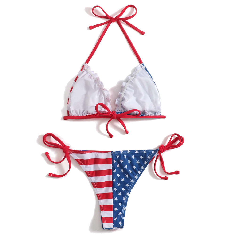 Custom American Flag Print Halter Bikini 2 Piece Swim Suit