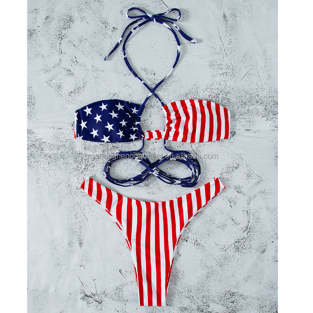 Custom Multicolor Striped Sexy American Flag Print Bikini Swimsuit Ladies