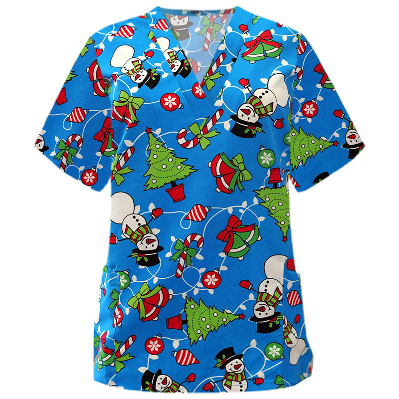 Nurse Uniforms Women's Printed Holiday Christmas Tops Spandex Stretch Scrub