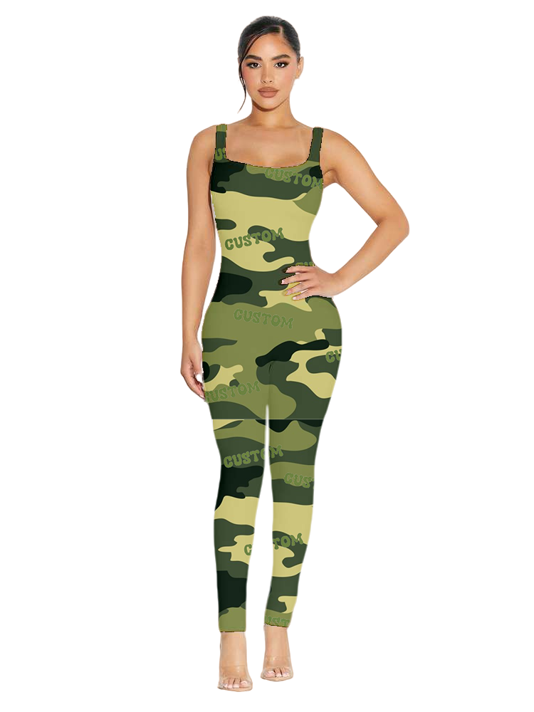 2023 Custom Camouflage Logo Fashion Women Outwork rompers Sexy  Casual Bodycon Long Sleeve  Sleeveless Jumpsuit