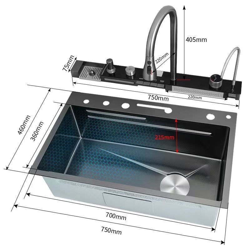 Pull-out faucet stainless steel waterfall kitchen sink multi-function digital display smart sink