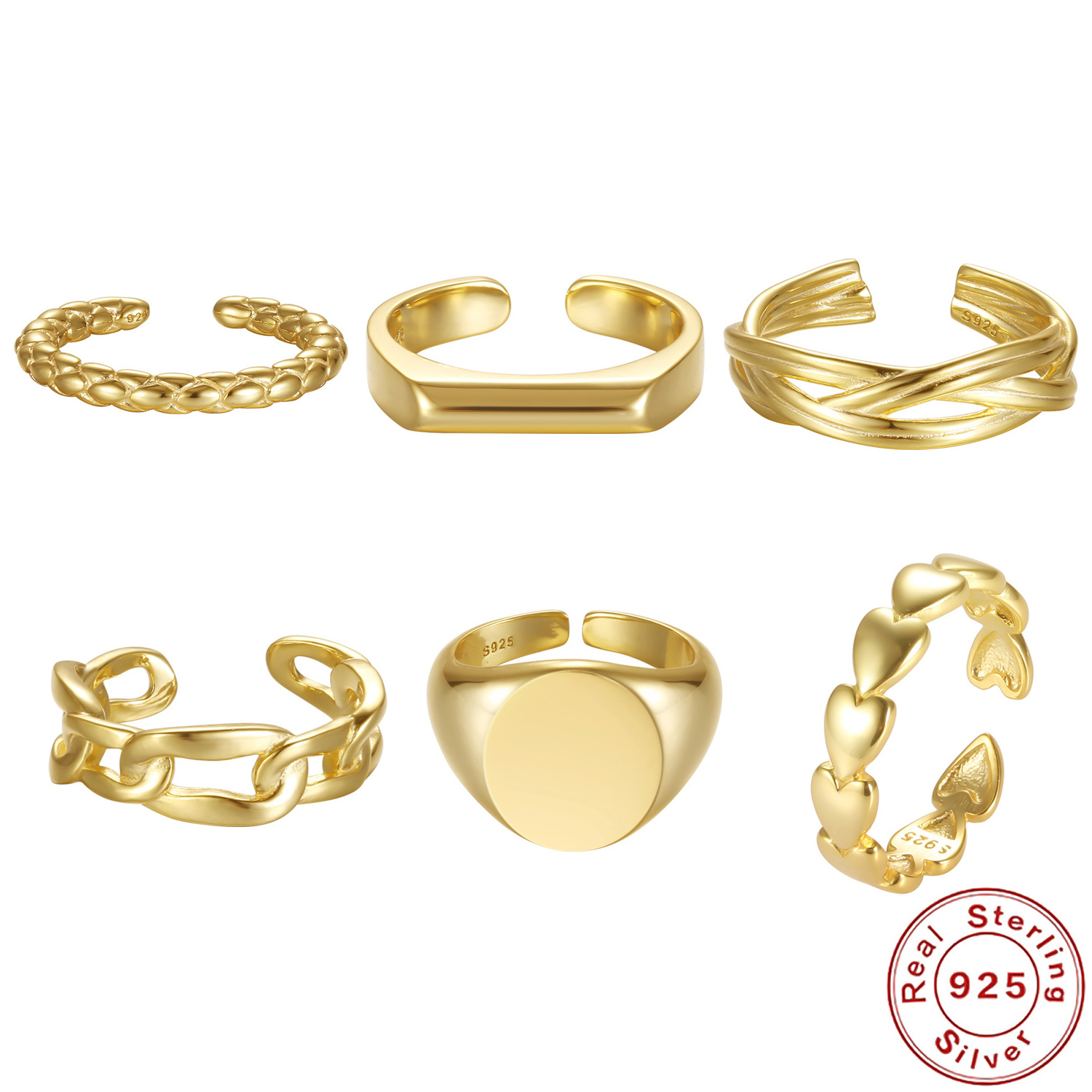 fashion jewelry 925 silver rings 18K gold plating sterling silver ring plain open silver 925 women rings