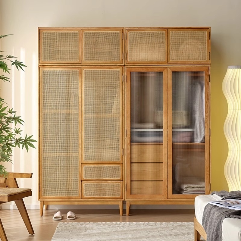 Japanese-style Wooden Wardro Nordic Solid Wood Rattan 2 doors Wardrobes