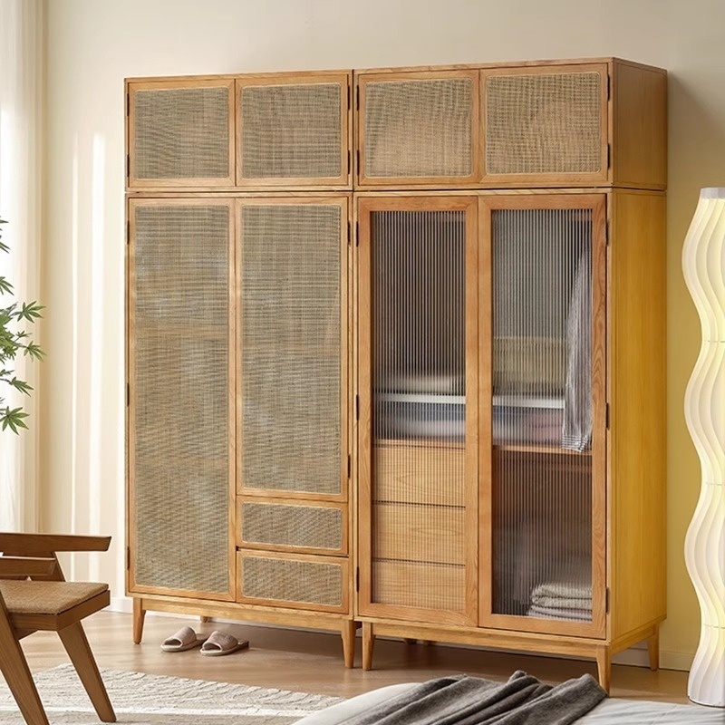 Japanese-style Wooden Wardro Nordic Solid Wood Rattan 2 doors Wardrobes