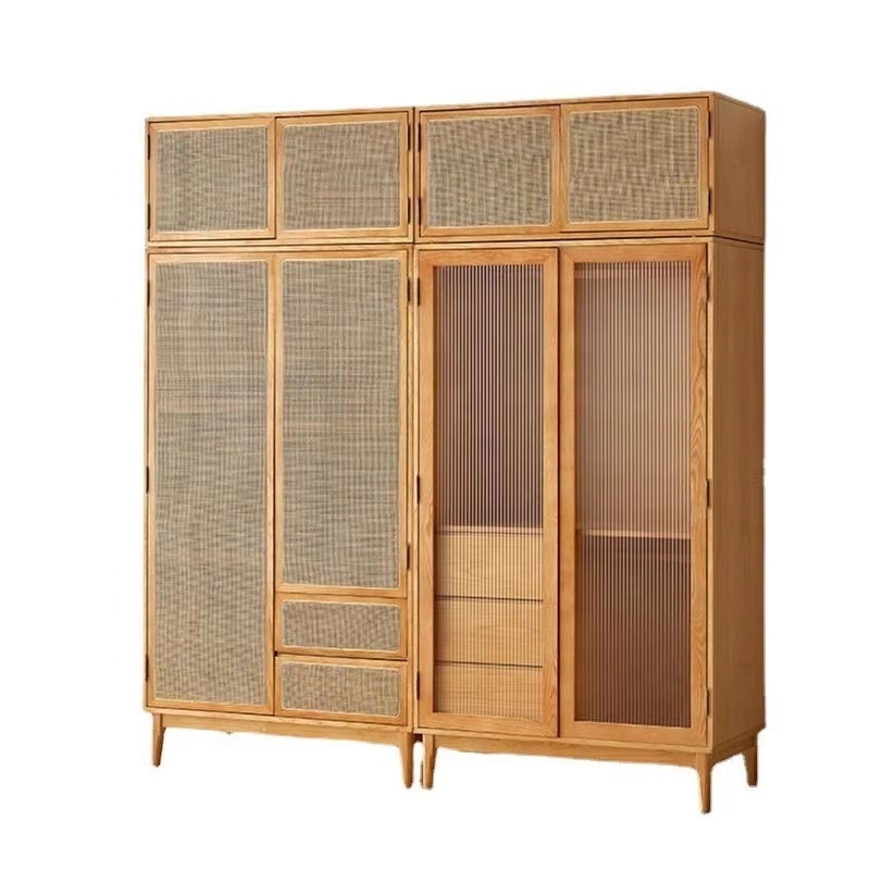 Japanese-style Wooden Wardro Nordic Solid Wood Rattan 2 doors Wardrobes