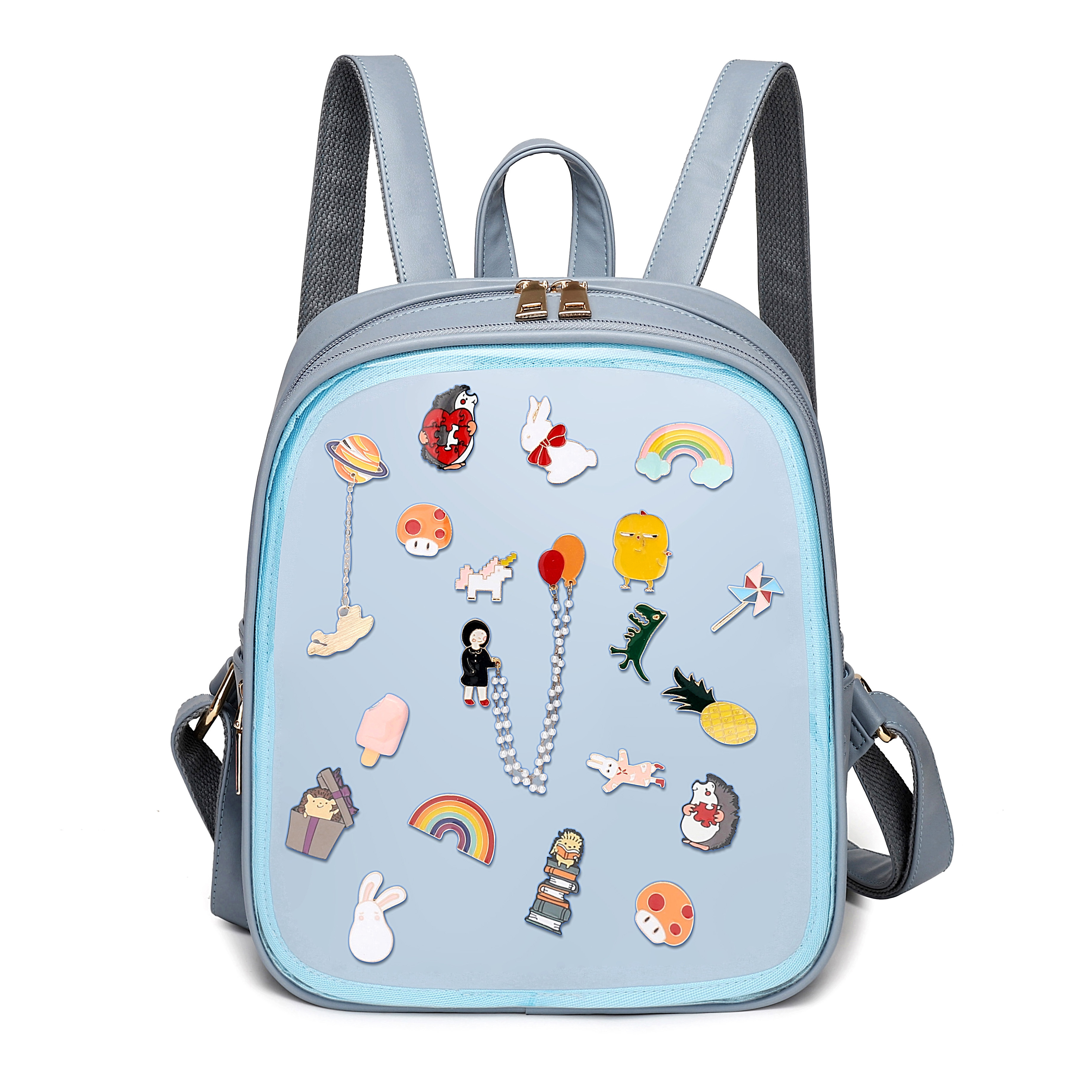 custom clear PVC Ita backpack with pins display leather school vinyl backpack custom design ita bag