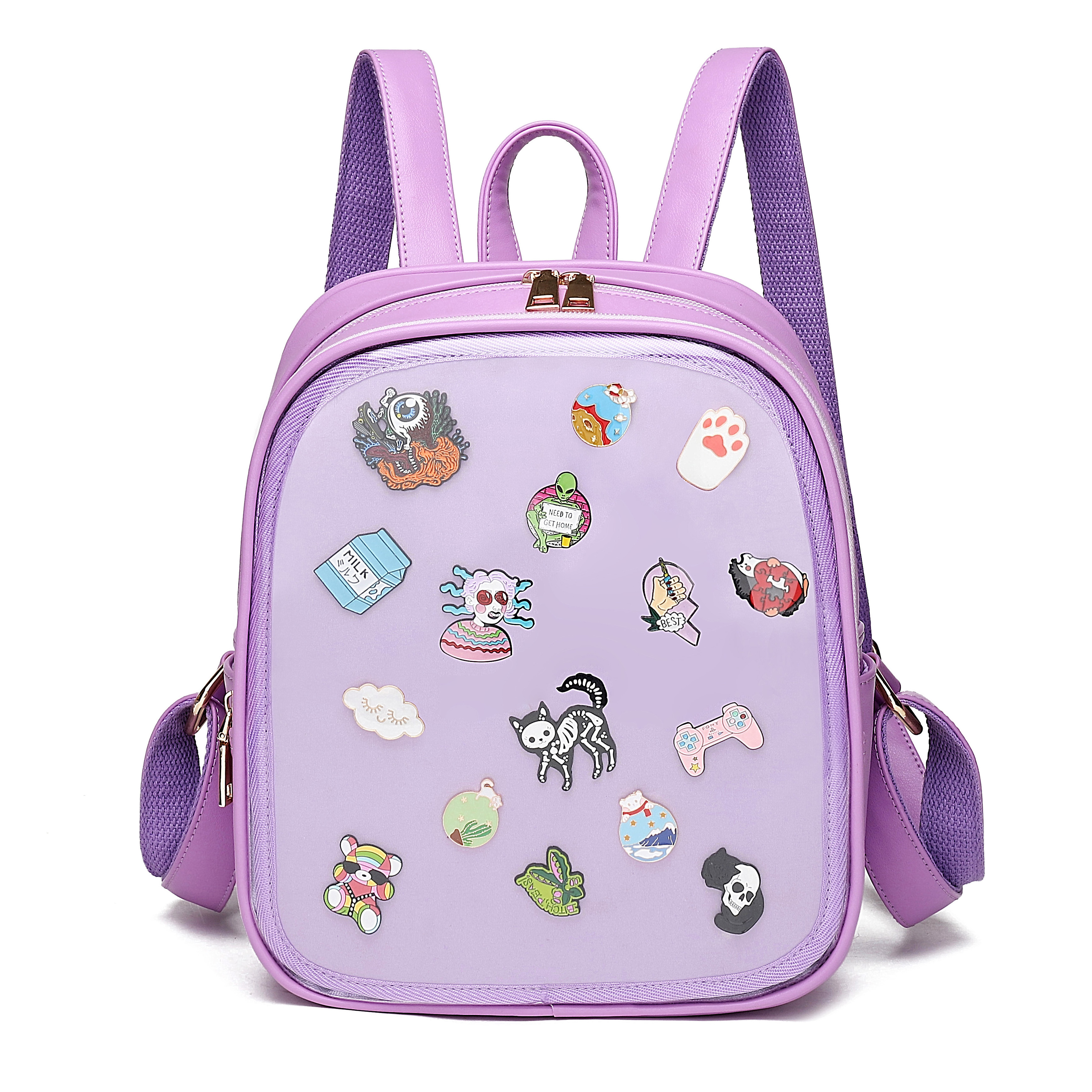 custom clear PVC Ita backpack with pins display leather school vinyl backpack custom design ita bag