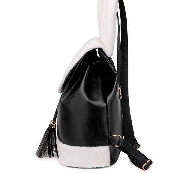 Cute designer fur rabbit  ears women leather drawstring backpack custom design fur backpack