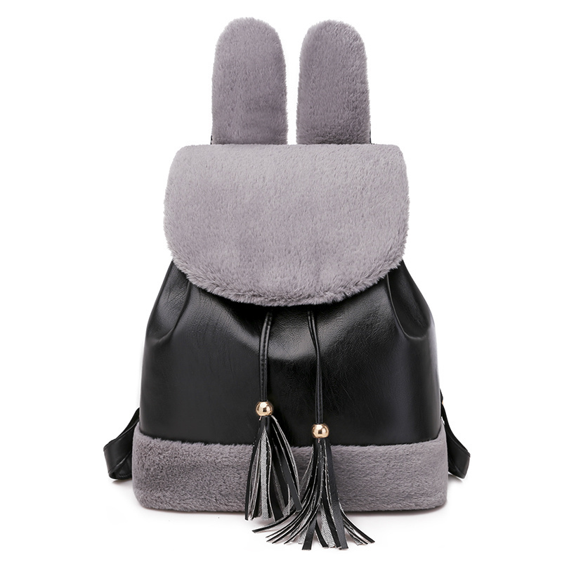 Cute designer fur rabbit  ears women leather drawstring backpack custom design fur backpack