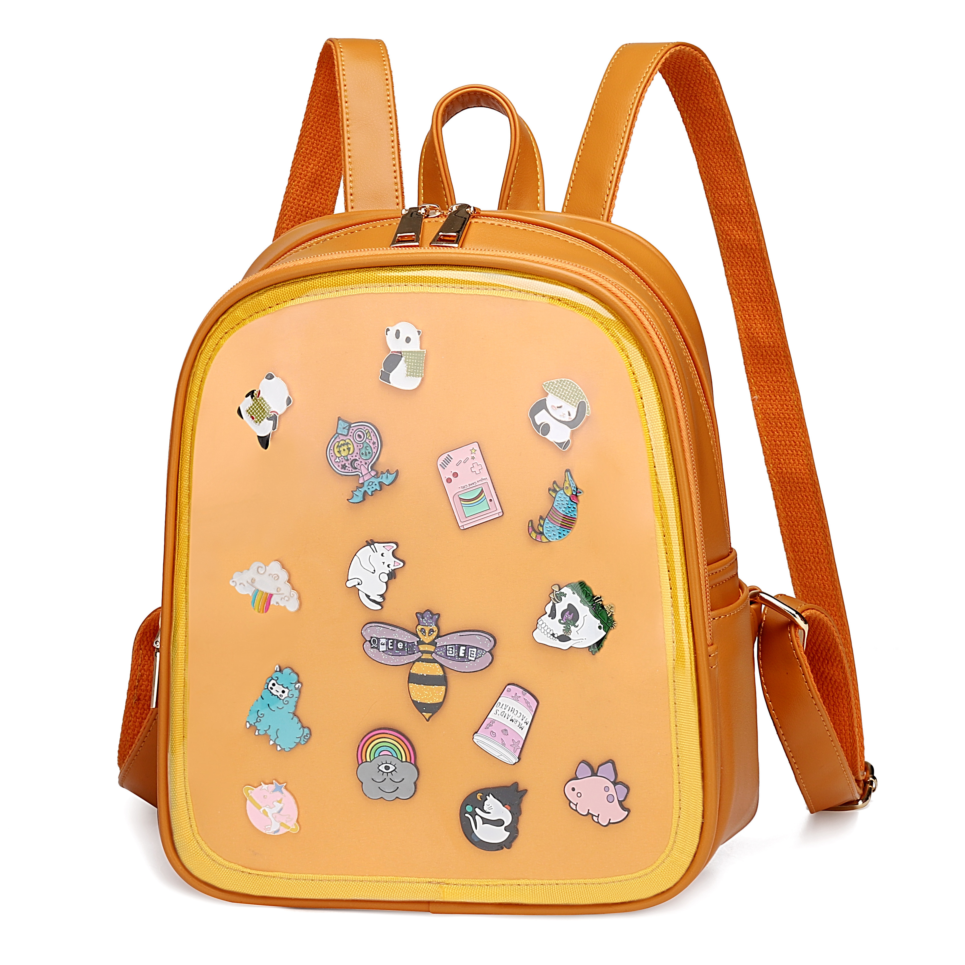 custom clear PVC Ita backpack with pins display leather school vinyl backpack custom design ita bag