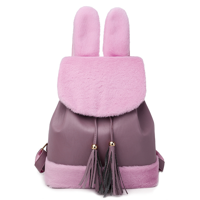 Cute designer fur rabbit  ears women leather drawstring backpack custom design fur backpack