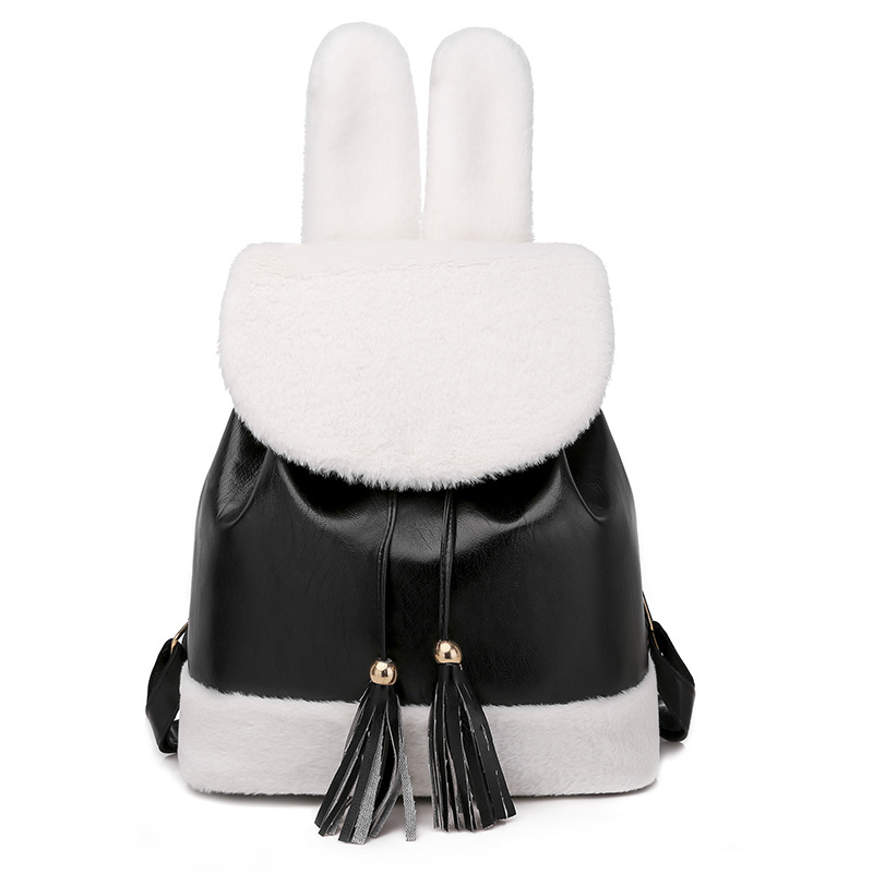 Cute designer fur rabbit  ears women leather drawstring backpack custom design fur backpack