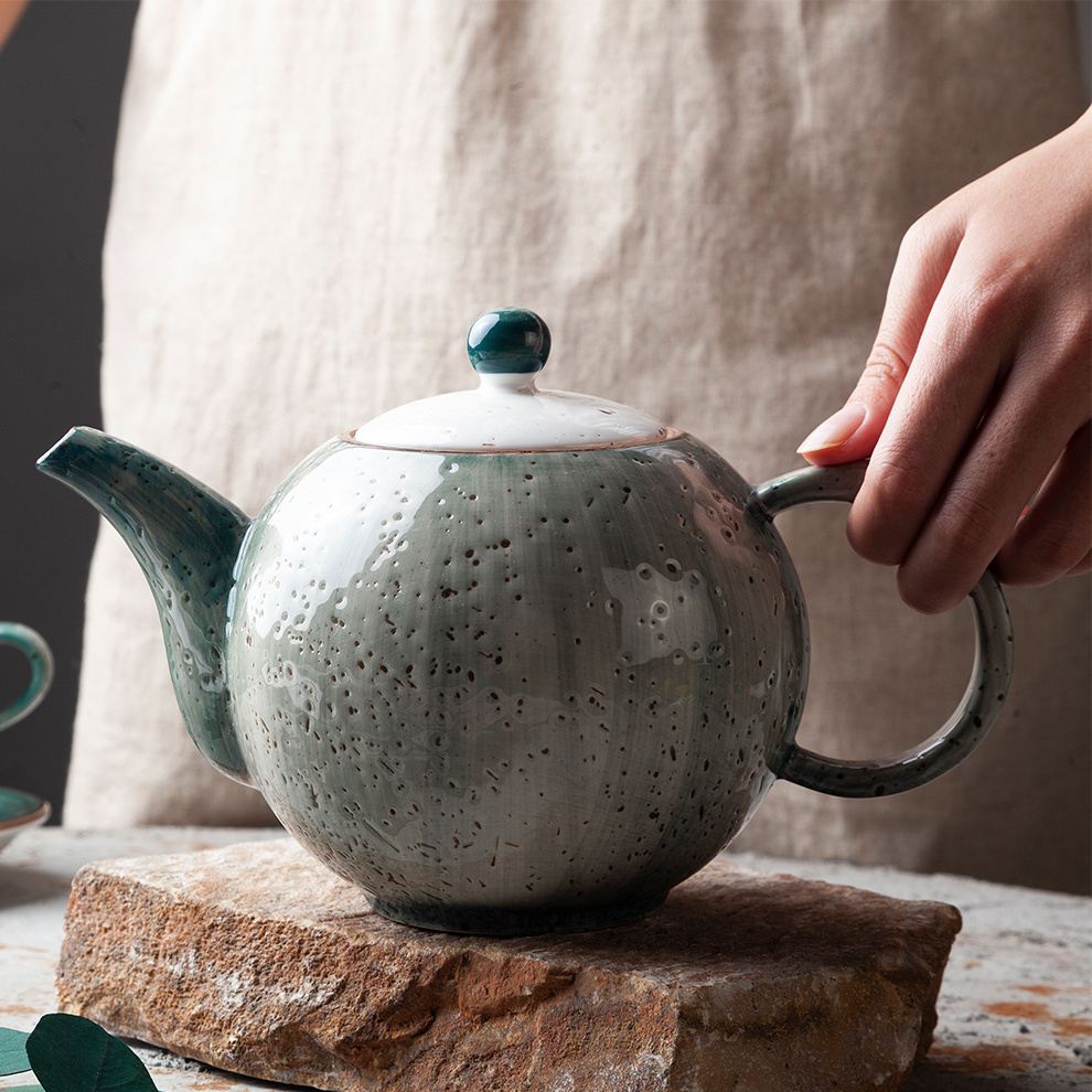 Shengjing Factory Fashion Green Speckle Teiera in Ceramic Drinkware Porcelain Tea Coffee Teapot For Restaurant Hotel