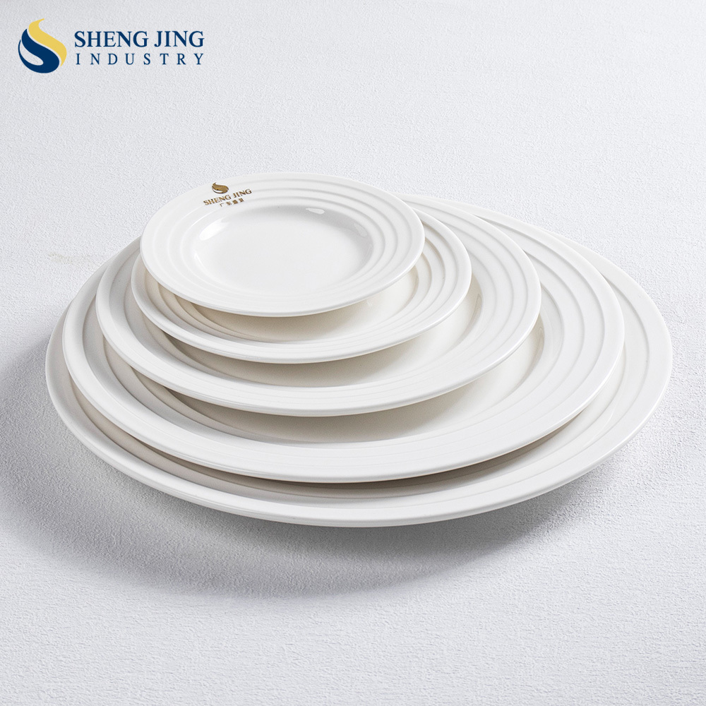 Shengjing Line White Round Ceramic Custom Logo Restaurant Hotel Plates Porcelain Dishes For Catering