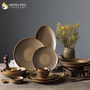 Modern Brown Glaze Gold Rim Matte Juego Vajillas De Porcelana Ceramic Tableware Full Dinner Ware Set For Hotel Restaurant