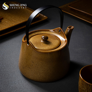 Japanese Vintage Style 750ML Gold Color Glazed Kiln Ceramic Porcelain Water Tea Pot Kettle With Metal Handle