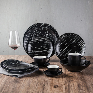 Restaurant Hotel Brand Crockery Set Matte Black Marble Porcelain Dinnerware Ceramic