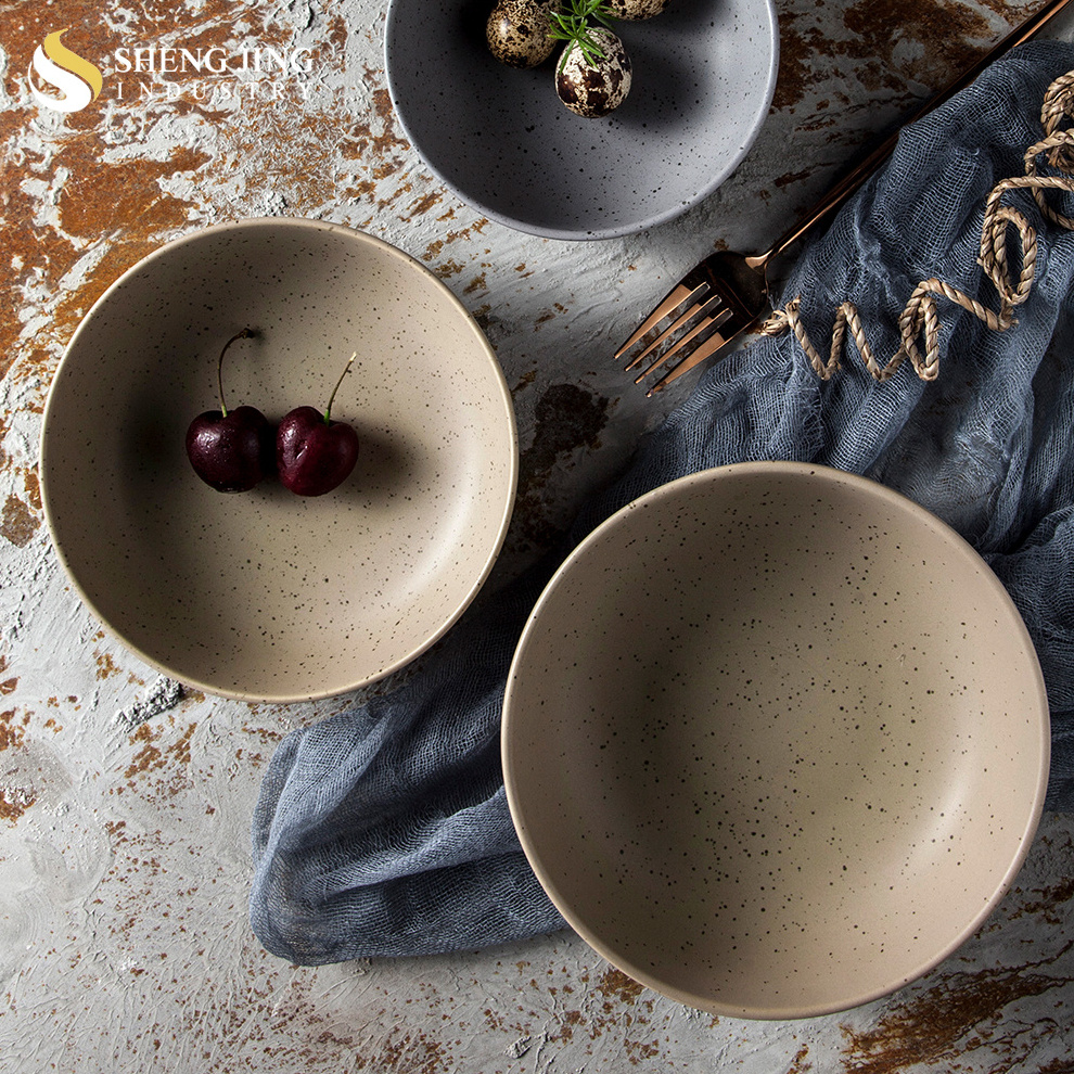 Shengjing Ceramic Glaze Kiln Khaki & Grey Bowls With Speckles Porcelain Restaurant Tableware Round Soup Bowl For Catering