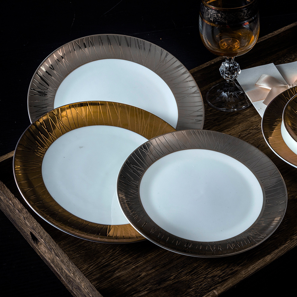 Luxury Royal Wide Gold Silver Embossed Rim Phnom Penh Bone China Tableware Wedding Banquet Dinner Set