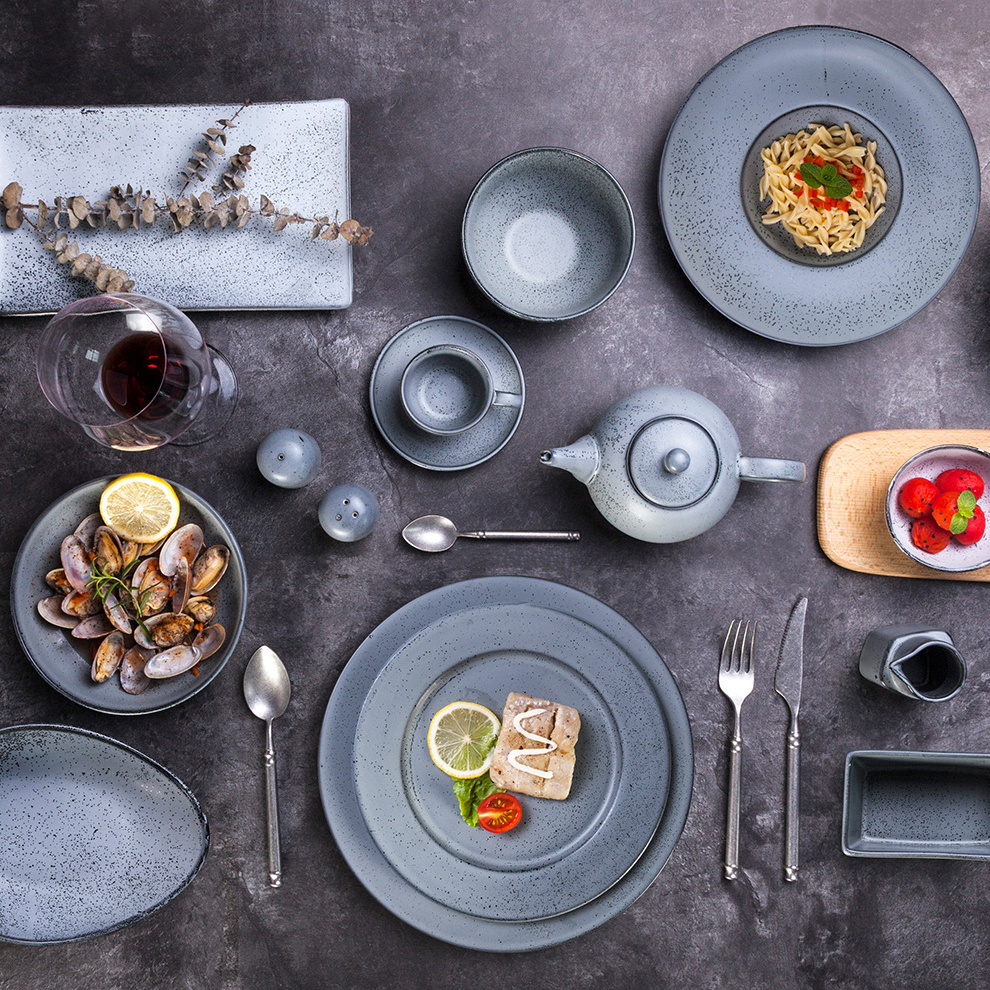 Retro Grey Speckled Matte Ceramic Dinner Ware Tableware Porcelain Vajilla Eventos Crockery Set For Restaurant Hotel