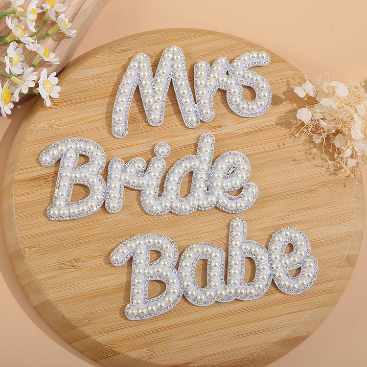 Mrs Babe Bride Patches Glitter Alphabet Appliques Patches Letters Pearl Letter Patches Bling Rhinestone