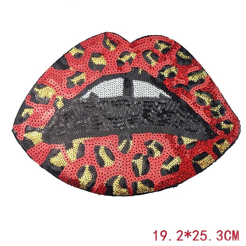 Shenglan Sequin Lip Iron On Patch Large Lip Appliques Tongue with Star Embroidery Badges Stone Band Logo Cool Lip Stickers