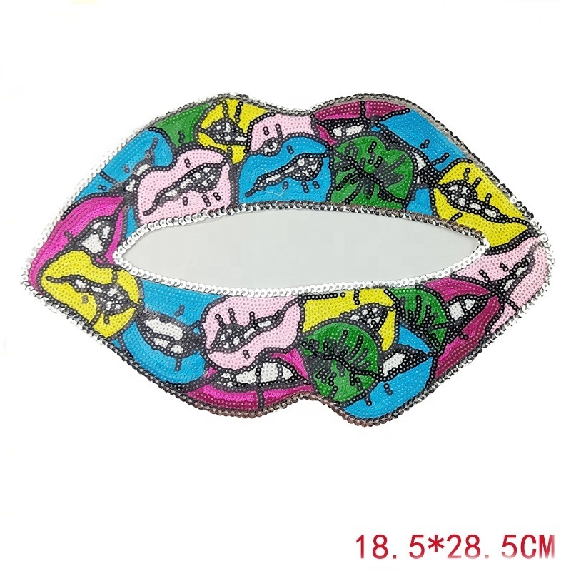 Shenglan Sequin Lip Iron On Patch Large Lip Appliques Tongue with Star Embroidery Badges Stone Band Logo Cool Lip Stickers