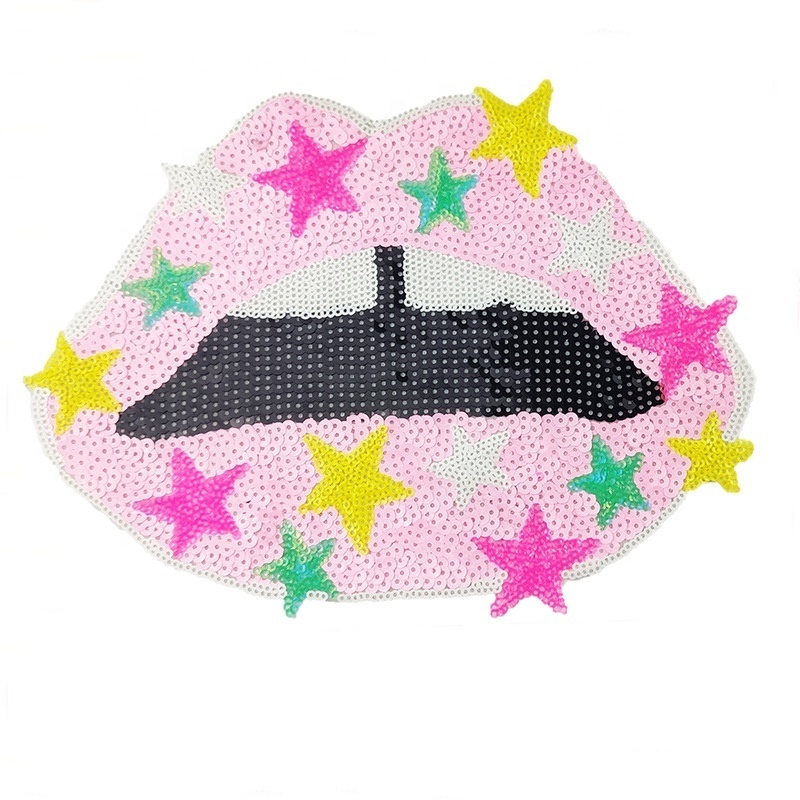 Shenglan Sequin Lip Iron On Patch Large Lip Appliques Tongue with Star Embroidery Badges Stone Band Logo Cool Lip Stickers