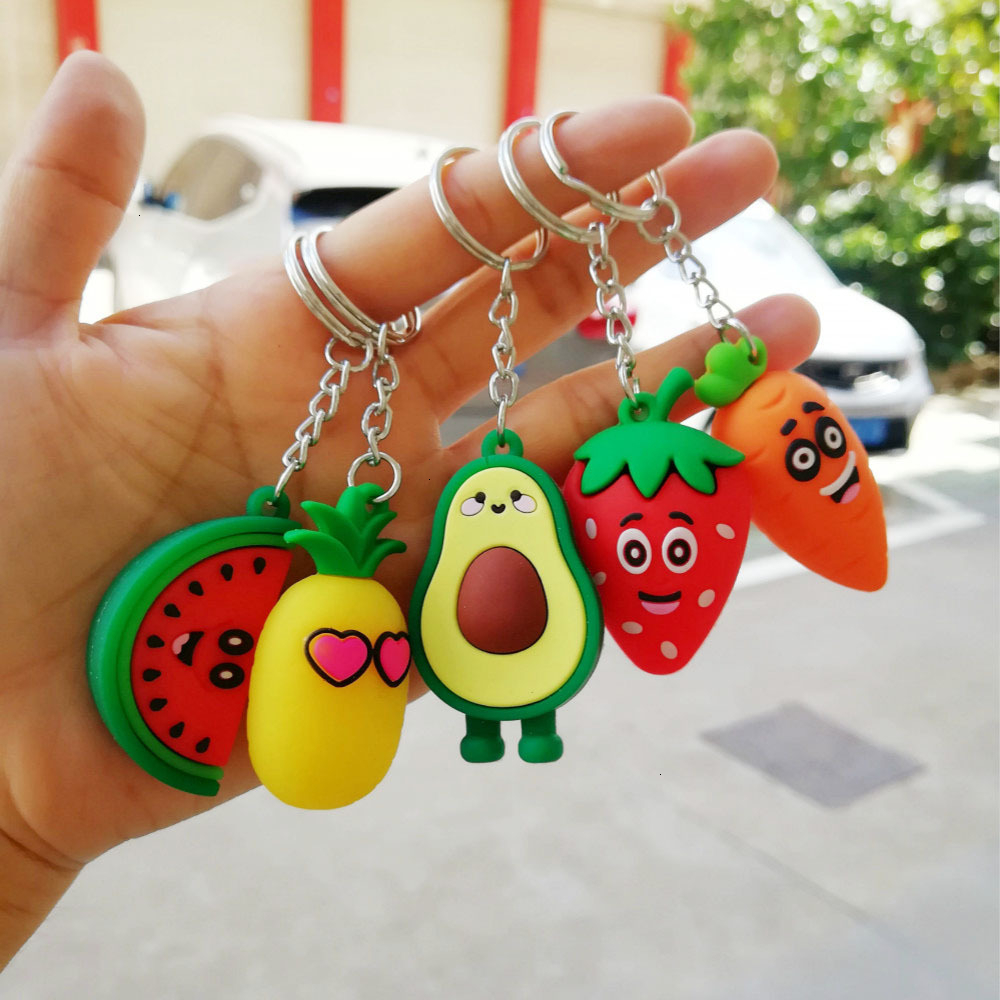 Cartoon Fruits Keychain PVC Carrot Strawberry Pineapple Watermelon Keychain cute For Women Men Key Chain Car part Key Ring