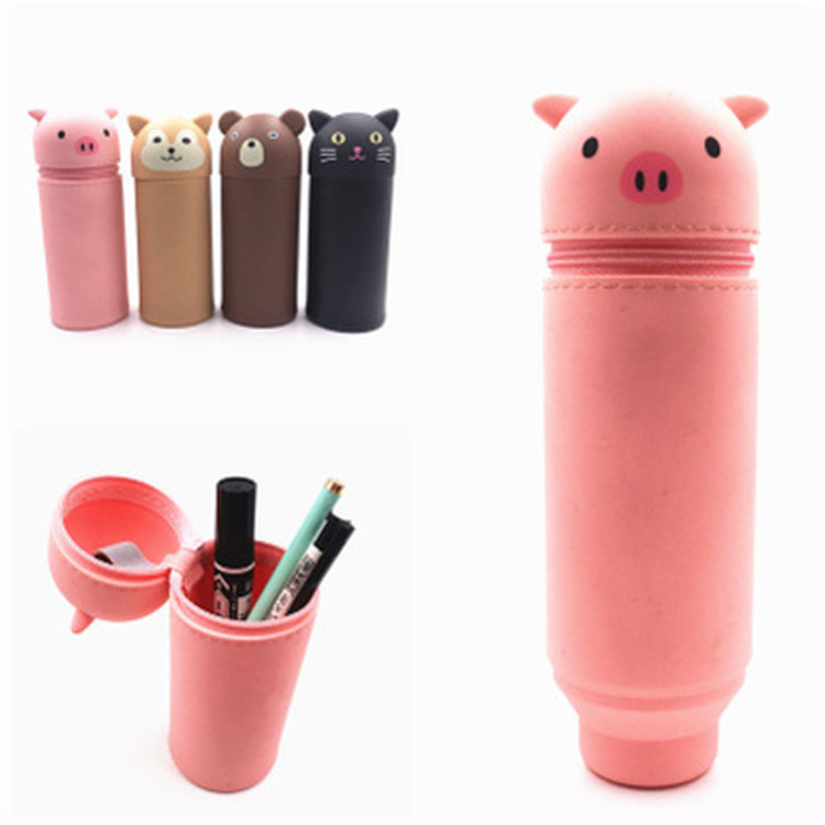 big capacity custom kids school girls 3d Stand Up Pen Holder bag cute Silicone Pencil Case with animal face