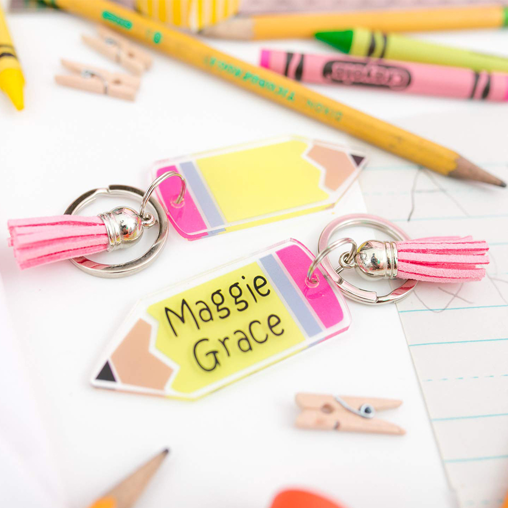 promotional cute custom  fillable Acrylic Pencil key chain Keychains Blank with Key Rings Tassel