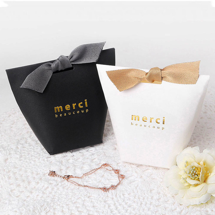 Luxury custom logo black kraft paper mini wedding party decoration box small gifts candy packaging bag with ribbon wholesale