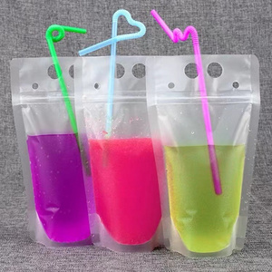 Transparent reusable zipper liquid packaging bags plastic fruits juice pouch bag drinking pouch with straw hole