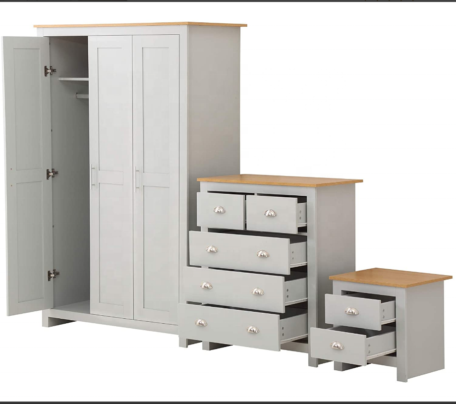 GREY with Oak 3 Piece Bedroom Furniture Set Chest Bedside 3 door wardrobe set Soft Close Wardrobe