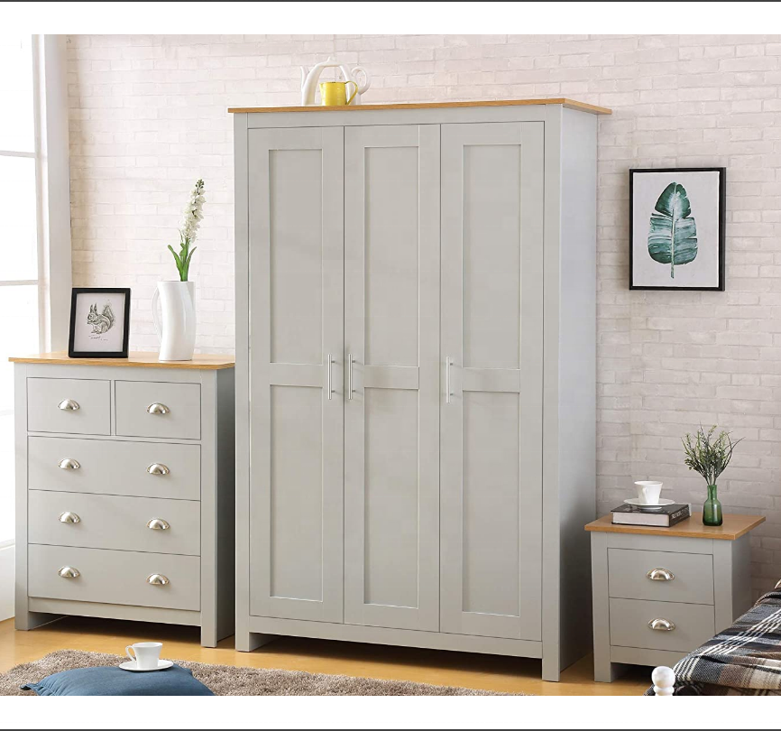 GREY with Oak 3 Piece Bedroom Furniture Set Chest Bedside 3 door wardrobe set Soft Close Wardrobe