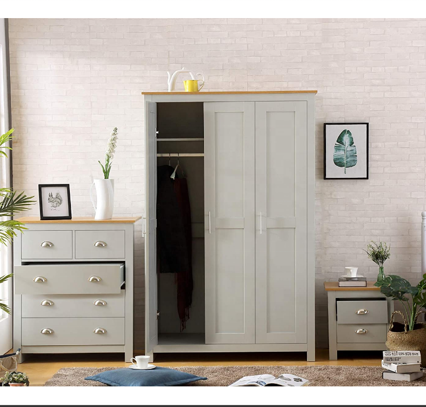 GREY with Oak 3 Piece Bedroom Furniture Set Chest Bedside 3 door wardrobe set Soft Close Wardrobe