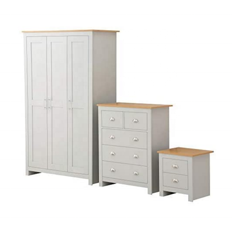 GREY with Oak 3 Piece Bedroom Furniture Set Chest Bedside 3 door wardrobe set Soft Close Wardrobe