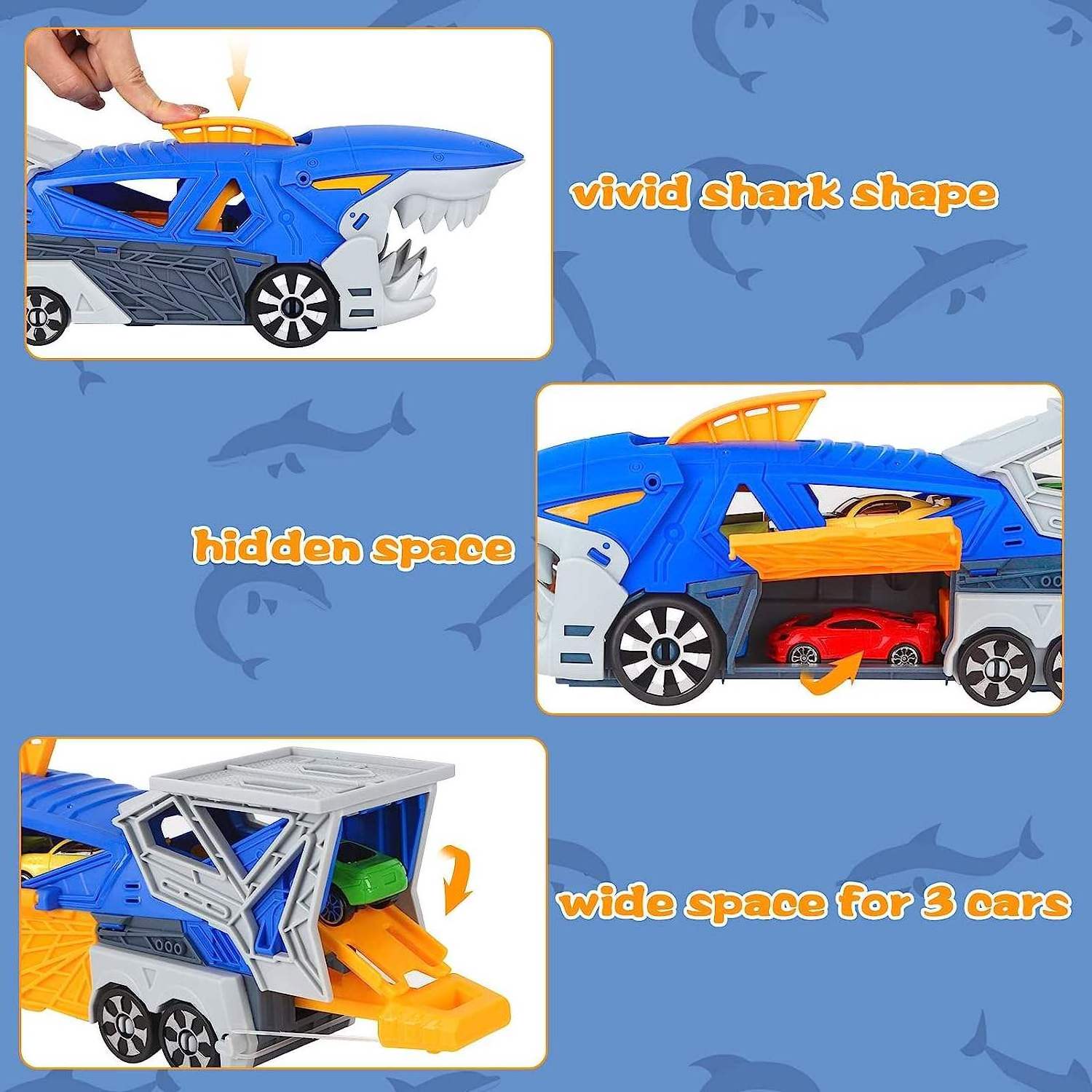 Shark Car Toys Transport Carrier Truck with Mini Car Vehicles Shark Launch Transporter Toy Car with Tracks Road Signs