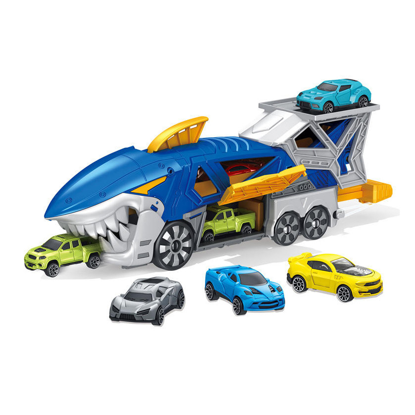 Shark Car Toys Transport Carrier Truck with Mini Car Vehicles Shark Launch Transporter Toy Car with Tracks Road Signs