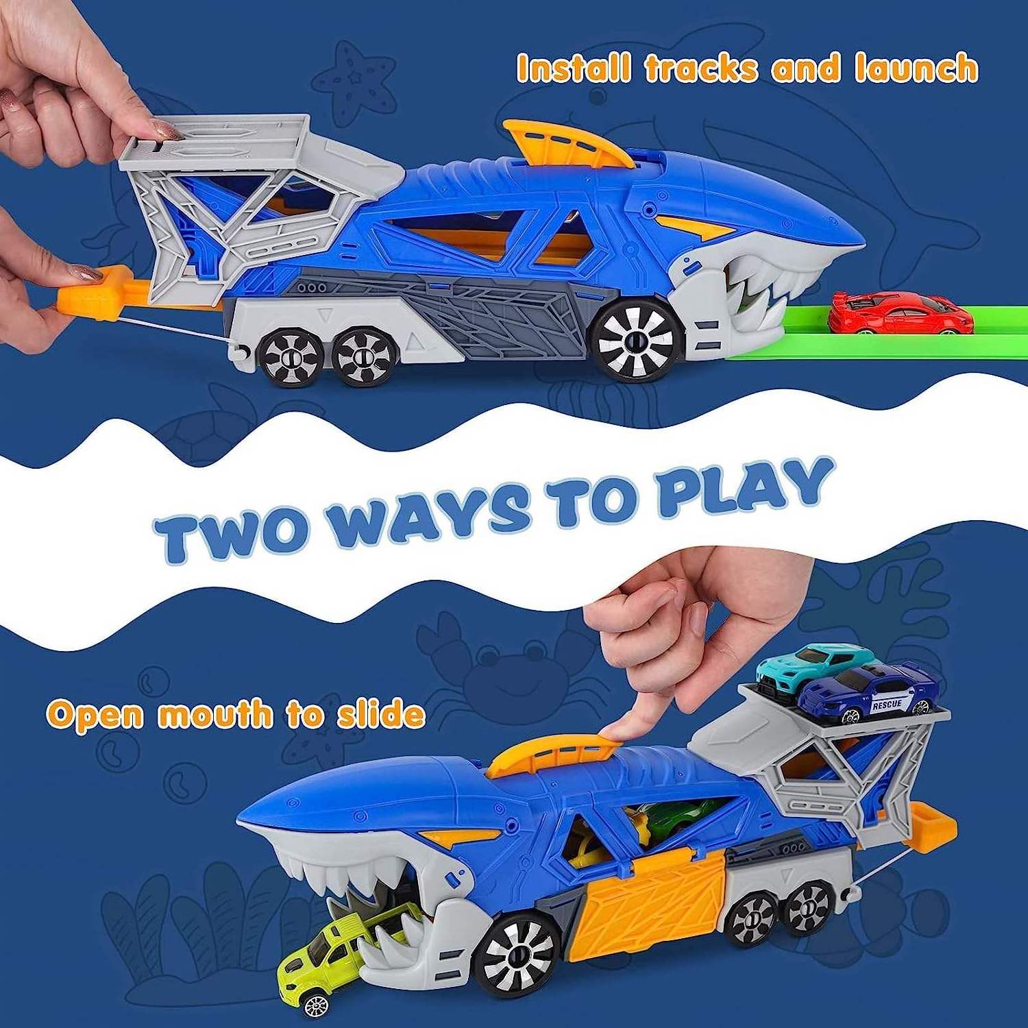 Shark Car Toys Transport Carrier Truck with Mini Car Vehicles Shark Launch Transporter Toy Car with Tracks Road Signs