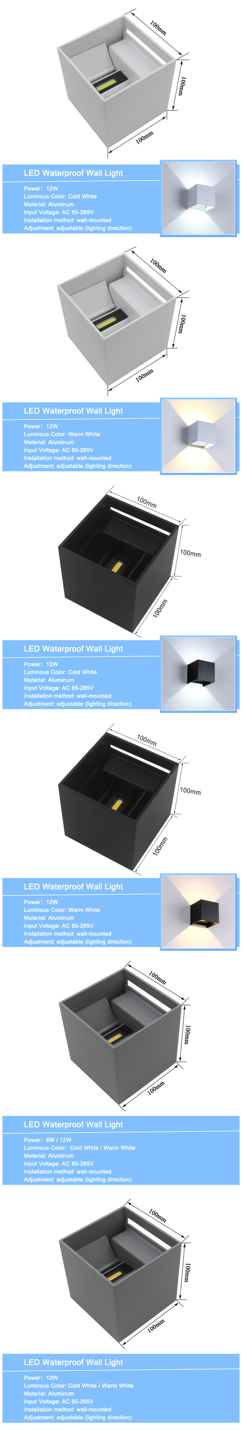 Up And Down Waterproof IP65 Cube 12W LED Wall Lamp Aluminum Adjustable Decoration Wall Mounted Garden Porch Light